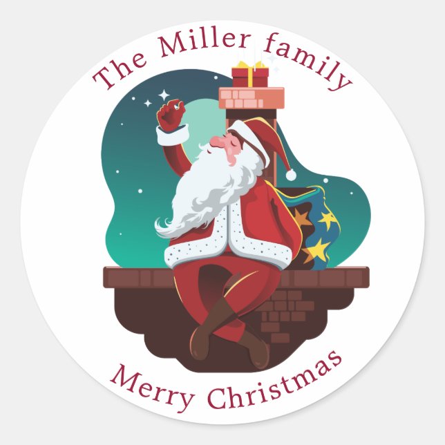 Sticker Rond Cute santa claus sur le toit vacances monogramme (Devant)