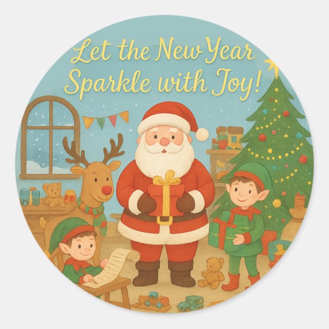 Sticker Rond Cute Santa & Elves New Year Holiday Card (Devant)