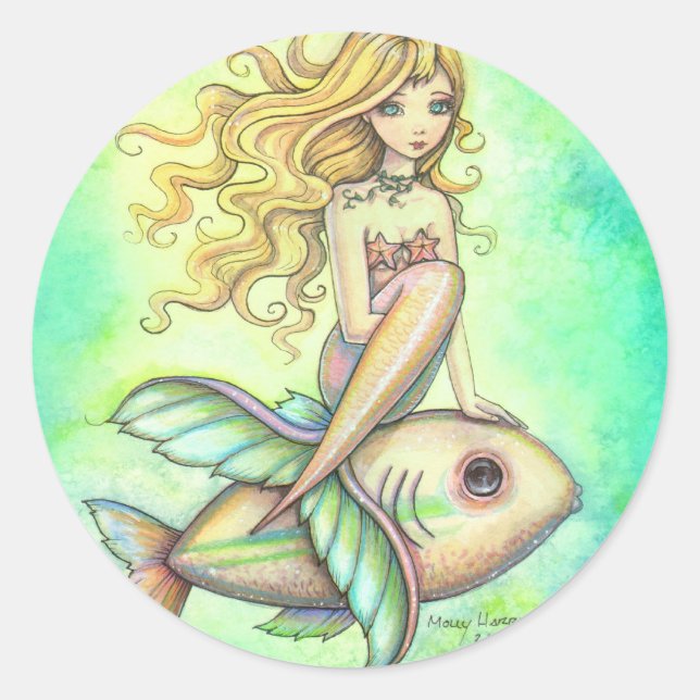 Sticker Rond Cute Sirène et Imaginaire de poisson (Devant)