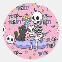 Sticker Rond Cute Skeletons Pink For Halloween