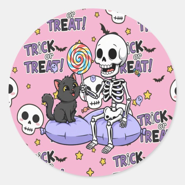 Sticker Rond Cute Skeletons Pink For Halloween (Devant)