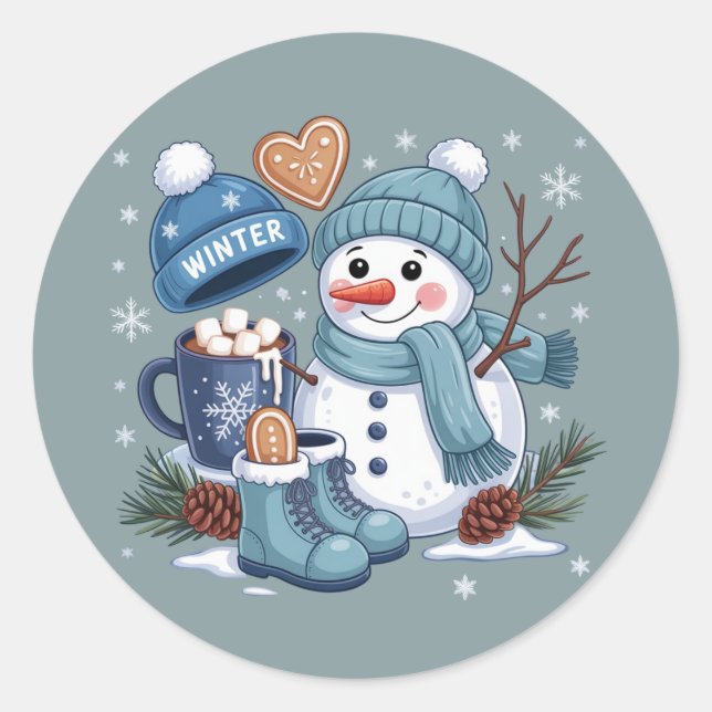 Sticker Rond Cute Snowman Winter Season Vibes Christmas Holiday (Devant)