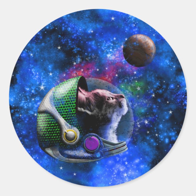 Sticker Rond Cute Space Chat avec Blue Galaxy Nebula Stars (Devant)