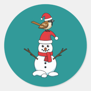 Sticker Rond Cute Sparrow on Snowman