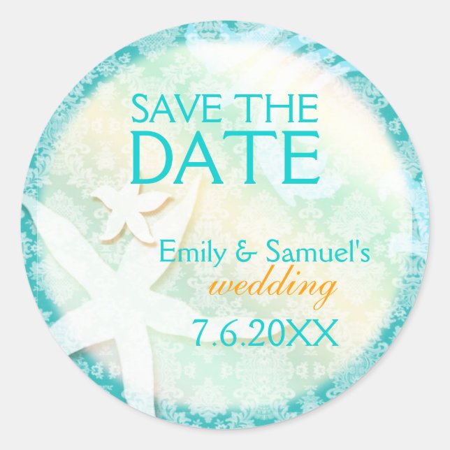 Sticker Rond Cute Starfish Turquoise Beach Wedding Enregistrer  (Devant)