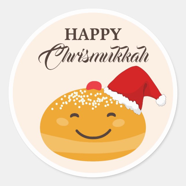 Sticker Rond Cute Sufganiyah, Fête juive Joyeux Chrismukkah (Devant)