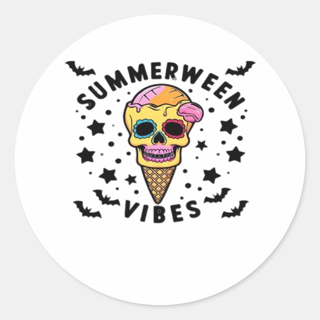 Sticker Rond Cute Summerween Vibes Skeleton IceCream Summer Vac (Devant)
