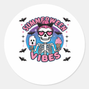 Sticker Rond Cute Summerween Vibes Skeleton IceCream Summer Vac