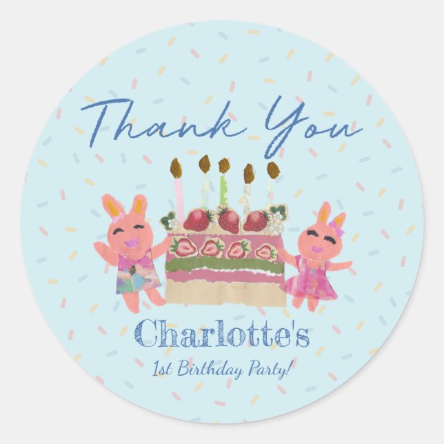 Sticker Rond Cute Sweet Bunnies Bleu Anniversaire Merci (Devant)