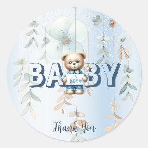 Sticker Rond Cute Teddy Bear Bleu Floral Belle fête