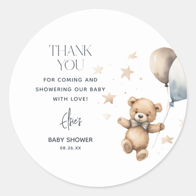 Sticker Rond Cute Teddy Bear Boy Baby shower Merci (Devant)