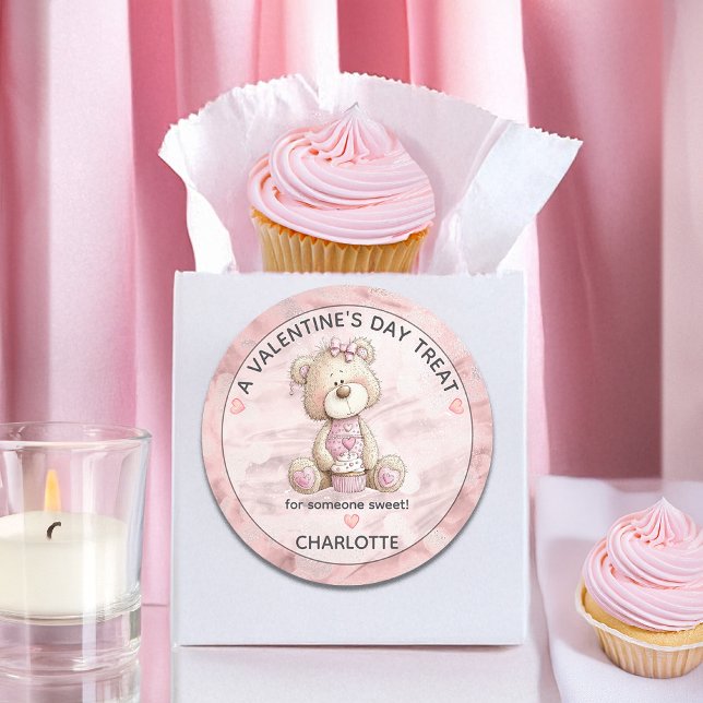 Sticker Rond Cute Teddy Bear | Cupcake Sweet Treat Valentines (Cute Teddy Bear and Cupcake "A Valentine's Day Treat for Someone Sweet!" Classic Round Sticker)