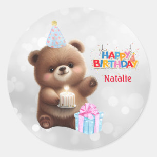 Sticker Rond Cute Teddy Bear Joyeux Anniversaire Personnalisé