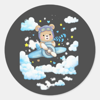Sticker Rond Cute Teddy Bear Pilot Airplane