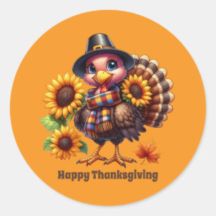 Sticker Rond Cute Thanksgiving Jour férié dinde personnalisable