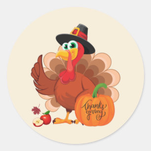 Sticker Rond Cute Thanksgiving Turquie et récolte Citrouille