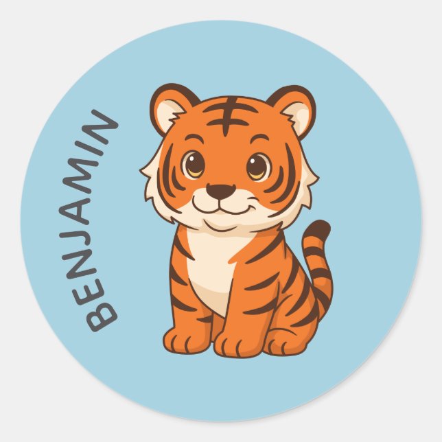 Sticker Rond Cute Tiger Cub Custom Name Blue (Devant)