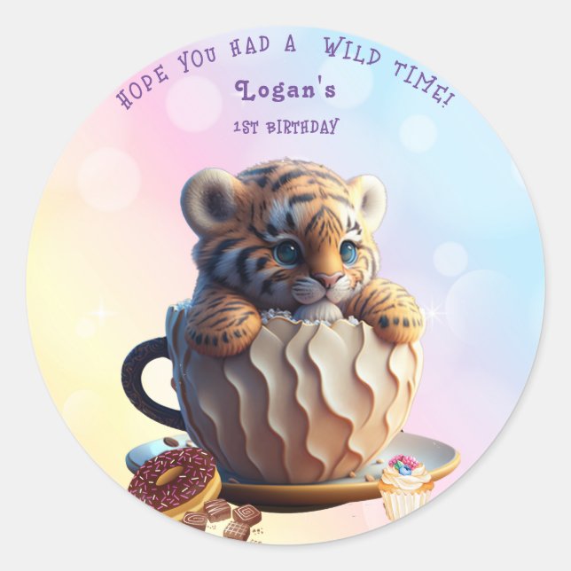 Sticker Rond Cute Tiger Safari Animal fête d'anniversaire (Devant)