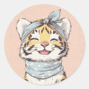 Sticker Rond Cute Tiger with Bandana Kids Birthday Invitation