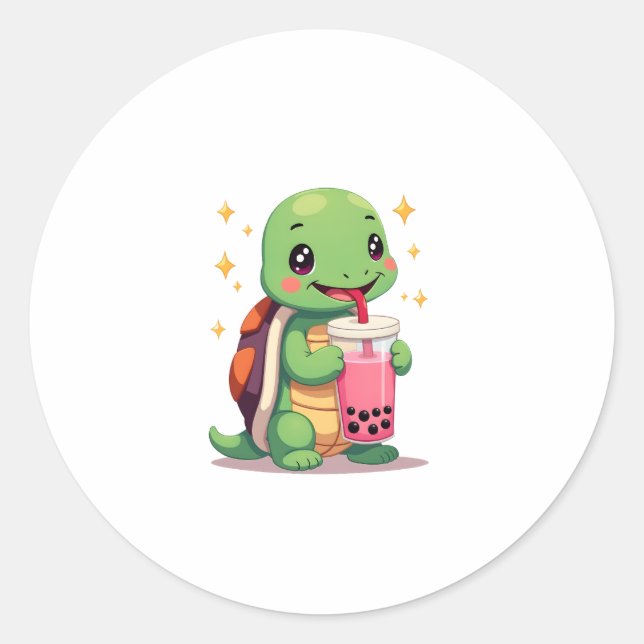 Sticker Rond Cute turtle drinking boba. Funny Boba Turtles Love (Devant)