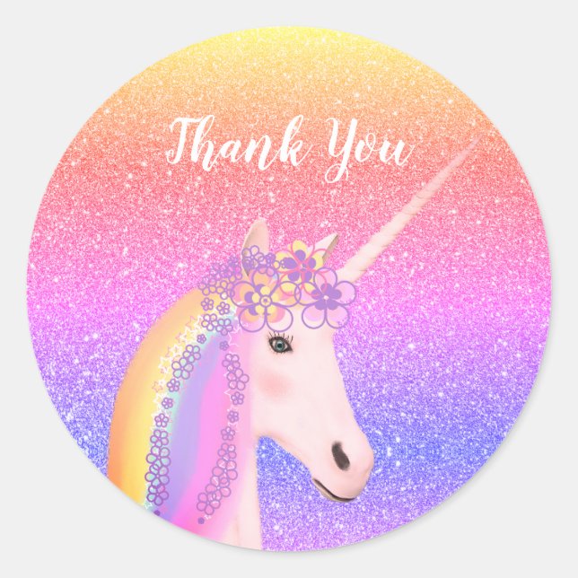 Sticker Rond Cute Unicorn Merci fête d'anniversaire (Devant)