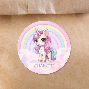 Sticker Rond Cute Unicorn Rainbow School Nom personnalisé