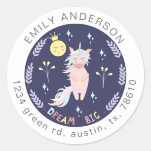 Sticker Rond Cute unicorn rêve grand marine bleu adresse de ret