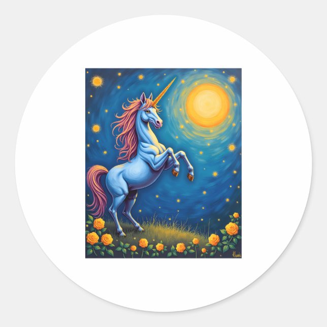 Sticker Rond Cute Unicorn Starry Night (4) (Devant)