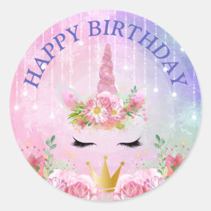Sticker Rond Cute Unicorn Visage & Fleurs Roses Anniversaire