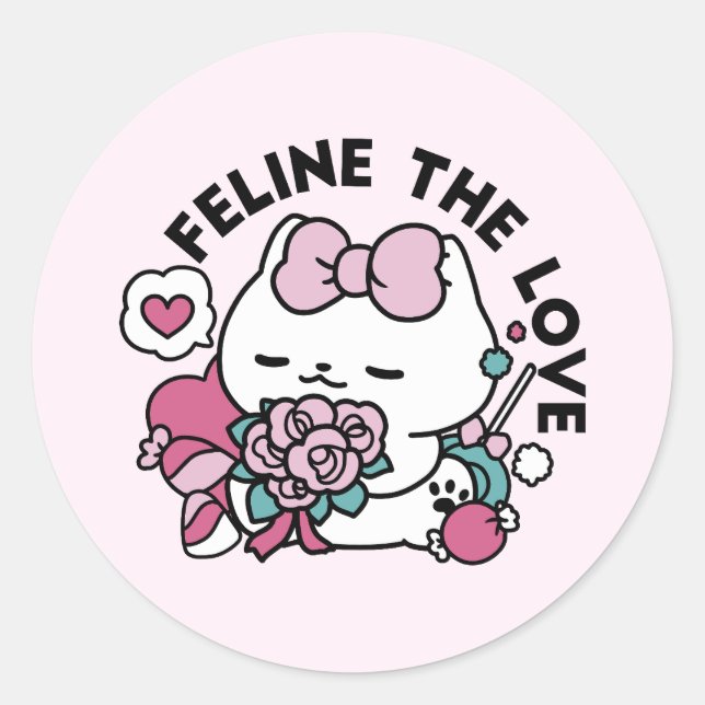 Sticker Rond Cute Valentine's Cat Design - Feline the Love (Devant)