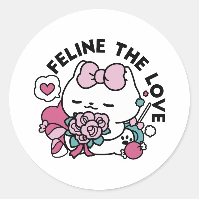 Sticker Rond Cute Valentine's Cat Design - Feline the Love (Devant)
