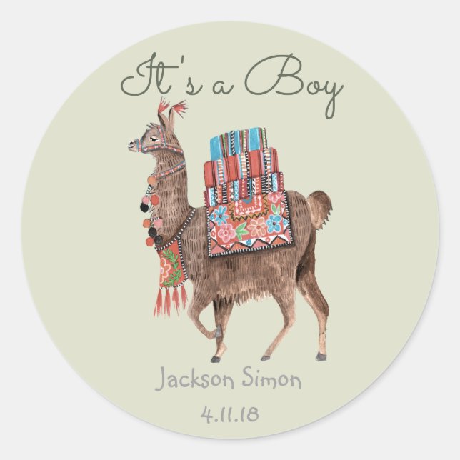 Sticker Rond Cute vert Llama Animal | Baby shower garçon (Devant)