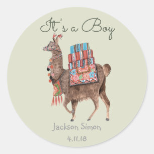 Sticker Rond Cute vert Llama Animal   Baby shower garçon