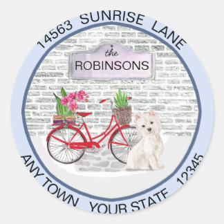 Sticker Rond Cute Westie Bicycle Bleu Porte Nouvelle Adresse Dé