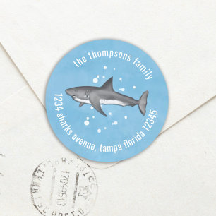 Sticker Rond Cute Whimsical Blue Ocean Sharks Adresse de retour