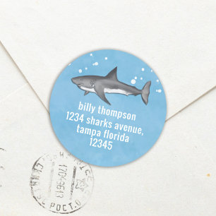 Sticker Rond Cute Whimsical Blue Ocean Sharks Adresse de retour