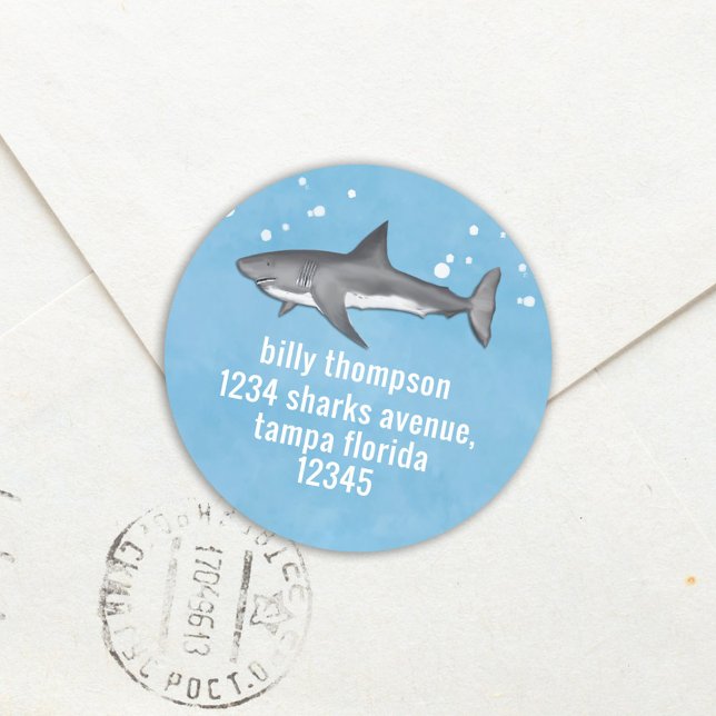 Sticker Rond Cute Whimsical Blue Ocean Sharks Adresse de retour (Créateur téléchargé)
