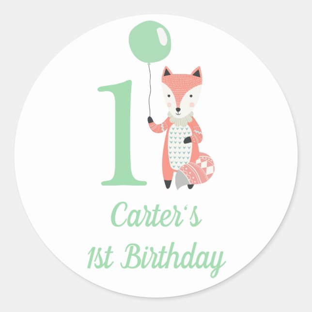 Sticker Rond Cute Whimsical Fox & Balloon Vert 1er Anniversaire (Devant)