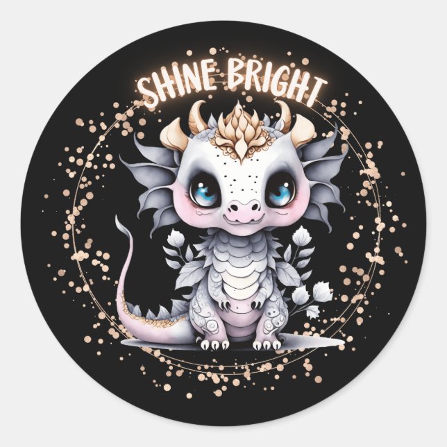 Sticker Rond Cute Whimsical Golden "Shine Bright" Petit Dragon (Devant)