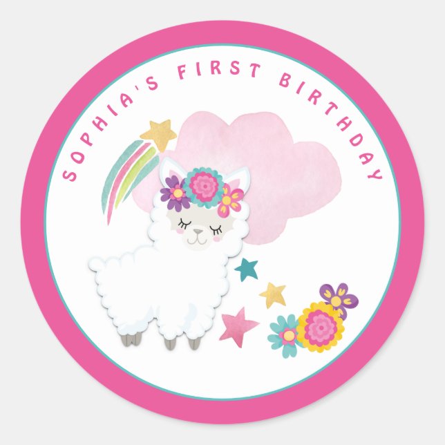 Sticker Rond Cute White Llama Nom Première fête d'anniversaire (Devant)