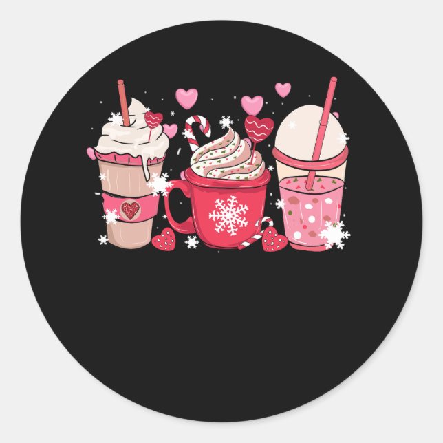 Sticker Rond Cute Xmas Café Rose Et Coupes De Crème Latte Joyeu (Devant)
