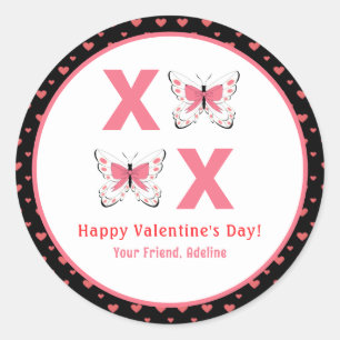 Sticker Rond Cute XOXO avec papillons roses Saint-Valentin