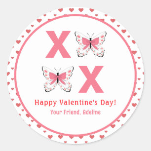 Sticker Rond Cute XOXO avec papillons roses Saint-Valentin