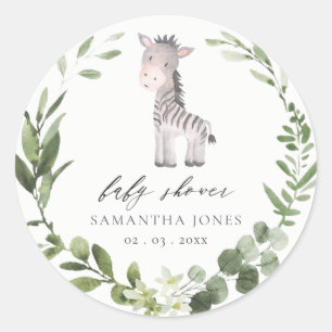 Sticker Rond Cute Zebra Green Foliage Baby shower de couronne