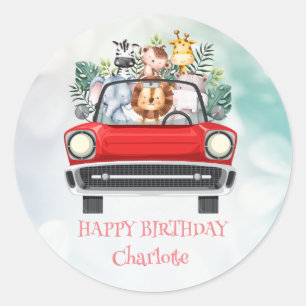 Sticker Rond Cute Zebra Race car Safari jungle fête d'anniversa