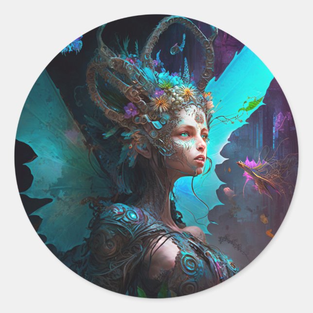 Sticker Rond Cyber Fairy Imaginaire Art (Devant)