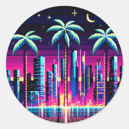 Sticker Rond Cyber Palmes : Neon Nightscape