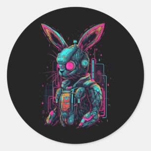 Sticker Rond Cyberpunk Bunny Cyborg Rabbit Cool Gamer Pâques