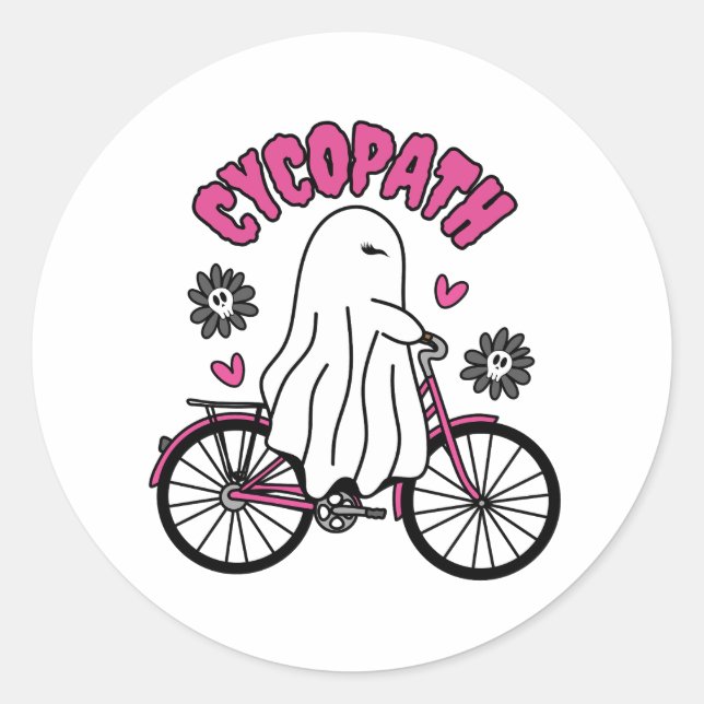 Sticker Rond Cycopath Halloween fantôme sur vélo rose (Devant)
