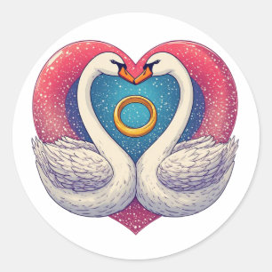 Sticker Rond Cygnes romantiques avec forme de cœur, alliance